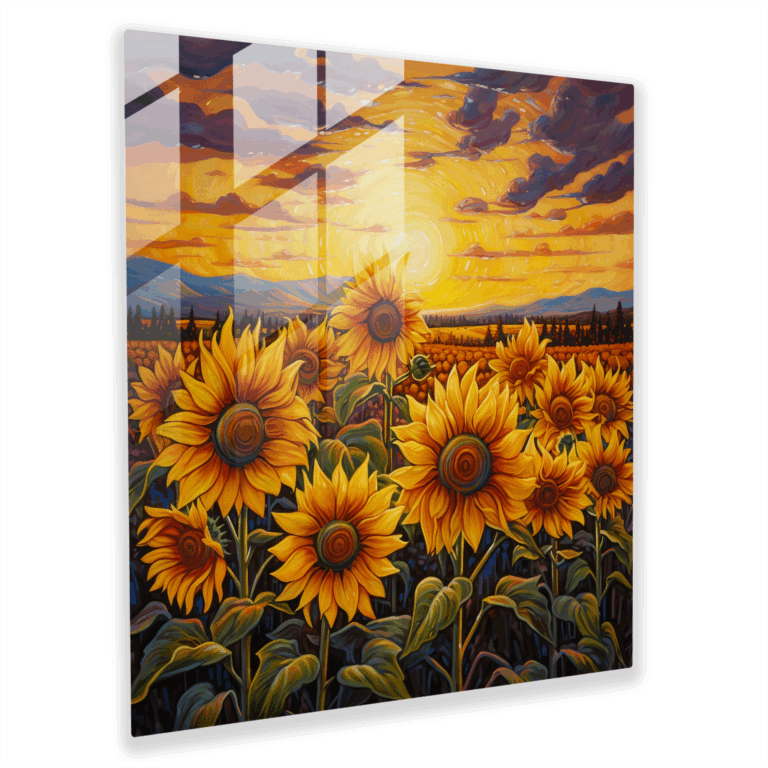 Glasbild Sonnenverwöhnte Blütenblätter - Expressionistisches Sonnenblumenfeld Glas Wandkunst