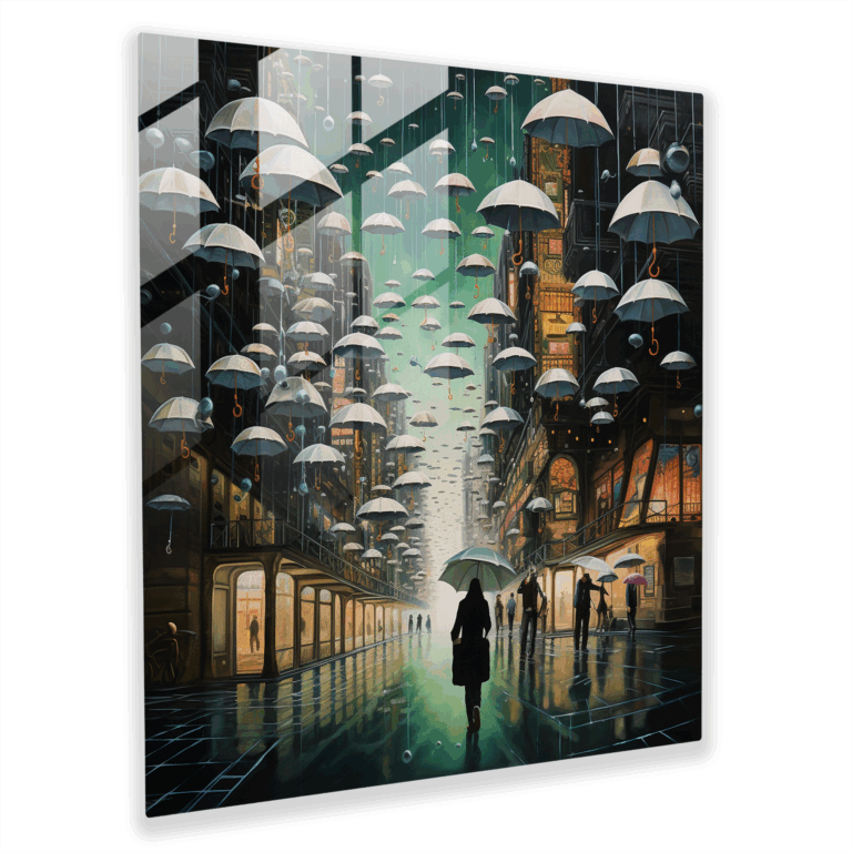 Faszinierendes Glasbild: Surrealistische schwebende Regenschirme in einer regnerischen Straße