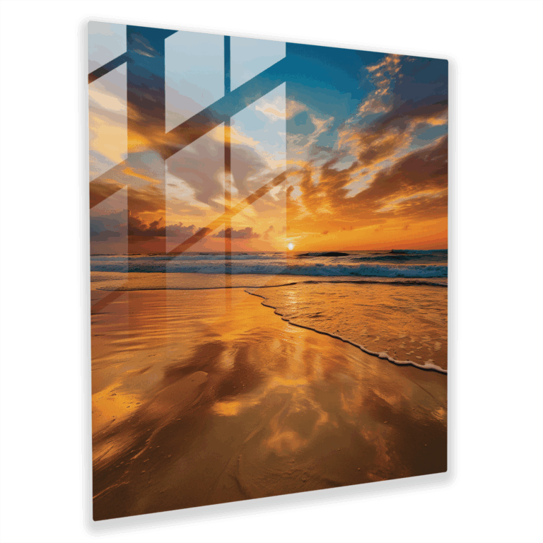 Faszinierendes Glasbild: Goldener Sonnenuntergang Strand Wandkunst
