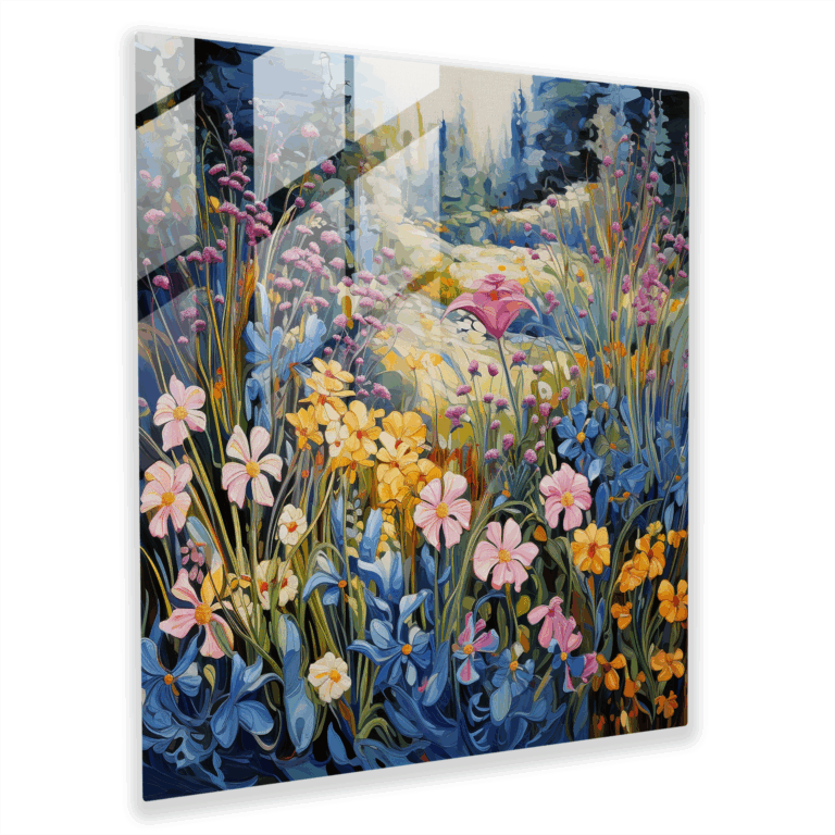 Das Glasbild Blumige Gelassenheit - Impressionistisches Glaswandkunstwerk.