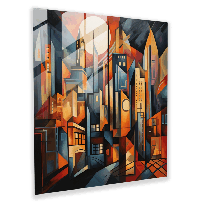 Metropolis Glasbild - kubistisch inspirierte Stadtszene Glaswandkunst