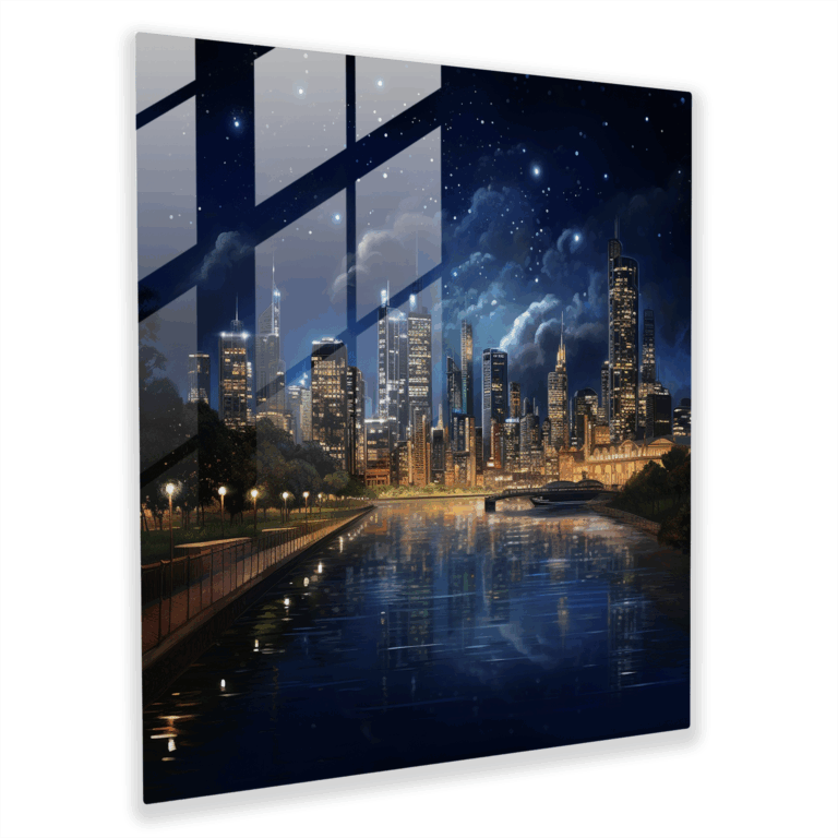 Glasbild Stadt Nachthimmel - Realistische Stadtskyline bei Nacht