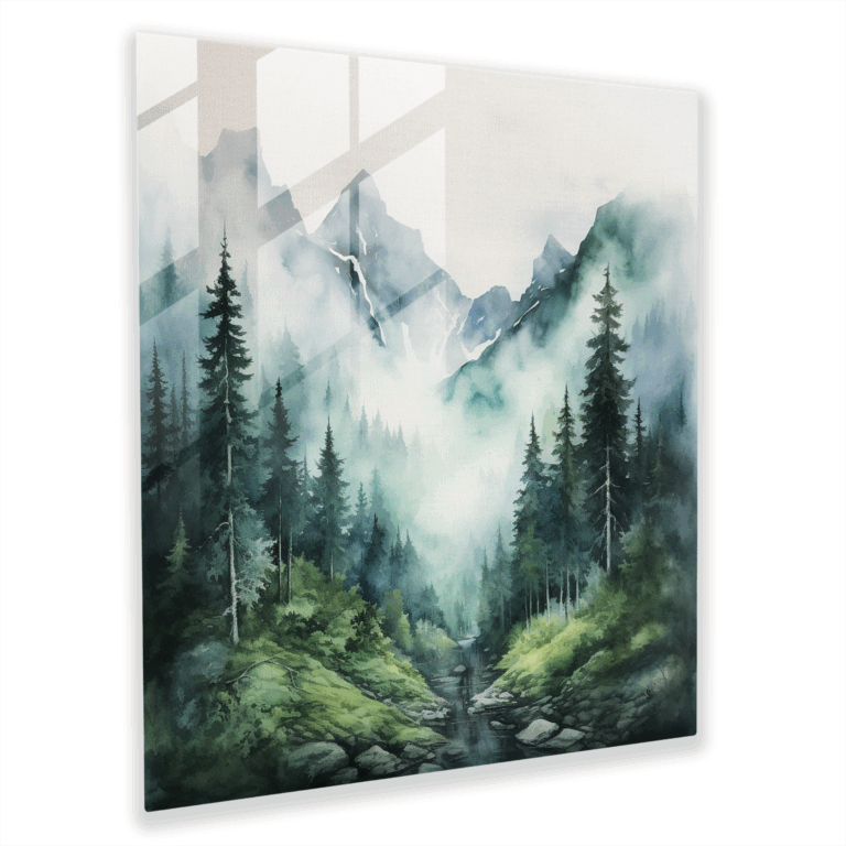 Glasbild: Sanfte Glasbilder - Nebeliger Bergblick