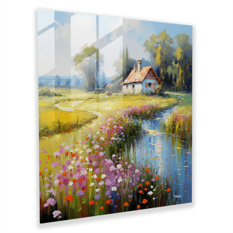 Bezaubernde Glasbilder impressionistischer Landschaft mit Wildblumen und Cottage - Gerahmte Glaswandkunst zur Wohnraumdekoration