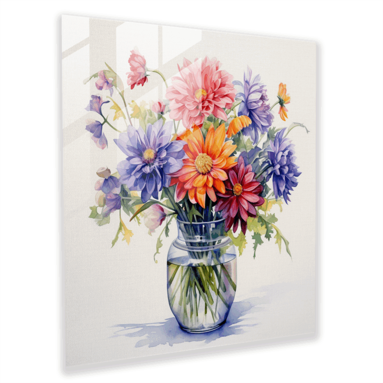 Realistisches Glasbild eines Aquarellgemäldes - Farbenfroher Blumenstrauß für die Wanddekoration zu Hause