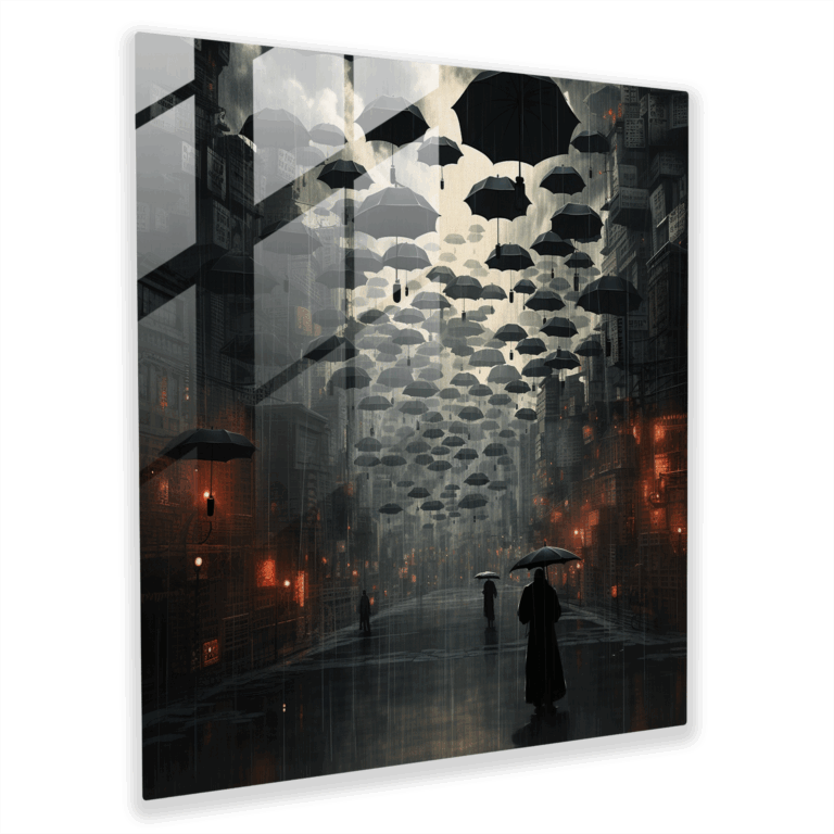 Glasbild von bezaubernder surrealer Mixed-Media-Kunst - Regnerische Stadtlandschaft mit schwebenden Regenschirmen