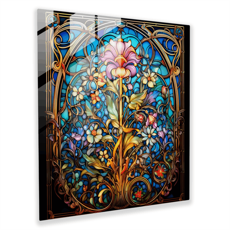 Glasbild mit exquisiten Drucken eines Jugendstil-Bleiglasfensters - buntes florales Design