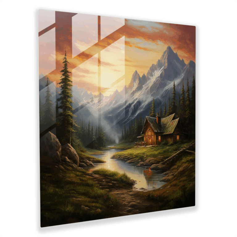Glasbild eines friedlichen Landschaftsgemäldes - Hütte zwischen imposanten Bergen