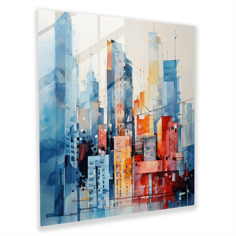 Moderne Aquarell-Glaswandkunst - Stadtbilder Glasbild - Abstrakte Wohnkultur - Glasbild der Stadt Skylines