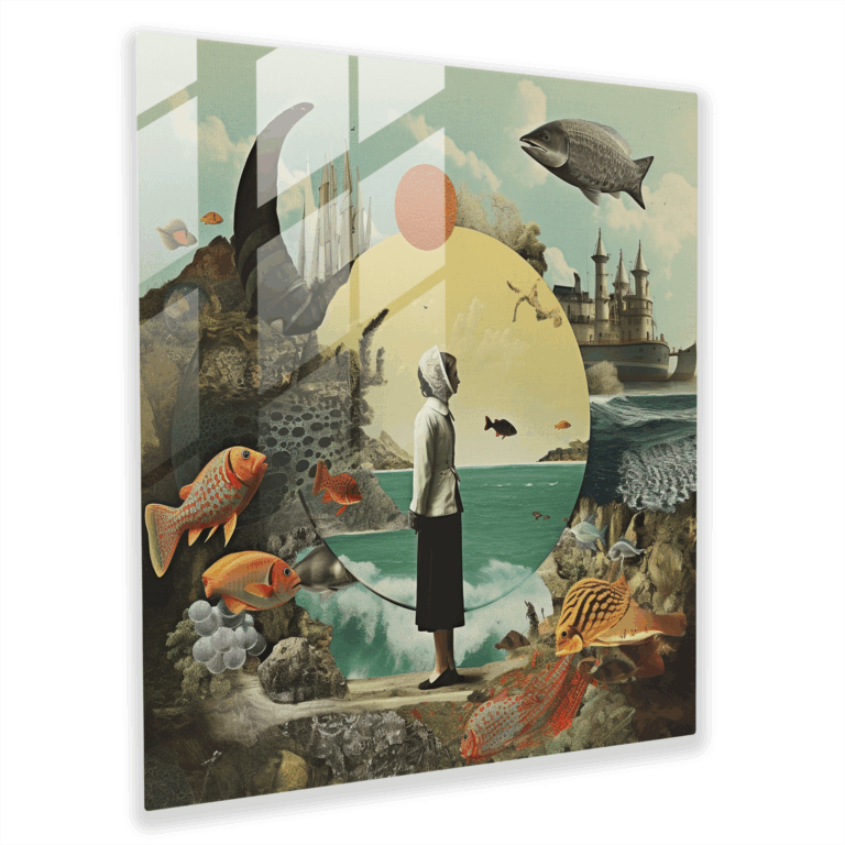 Geheimnisvolles Glasbild - Surrealistische Collage Glas Wandkunst - Traumhafte Glasbild Wohnkultur - Unerwartete Juxtapositionen Glas Kunst