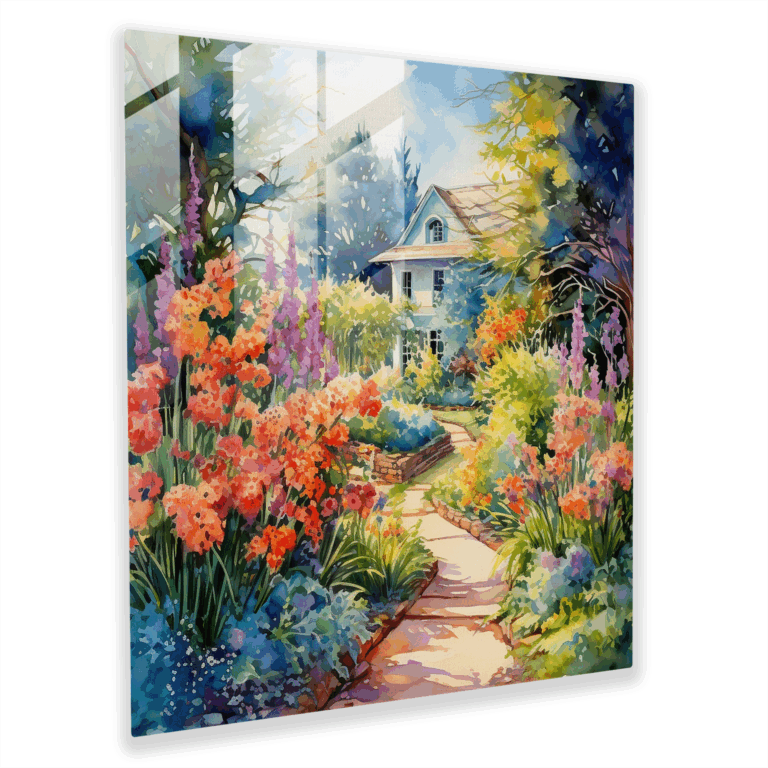Buntes Impressionistisches Glasbild: Garten voller Blüten und Grün