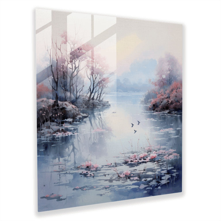 Romantisches Glasbild: Harmonische Landschaft in sanften Pastellfarben.
