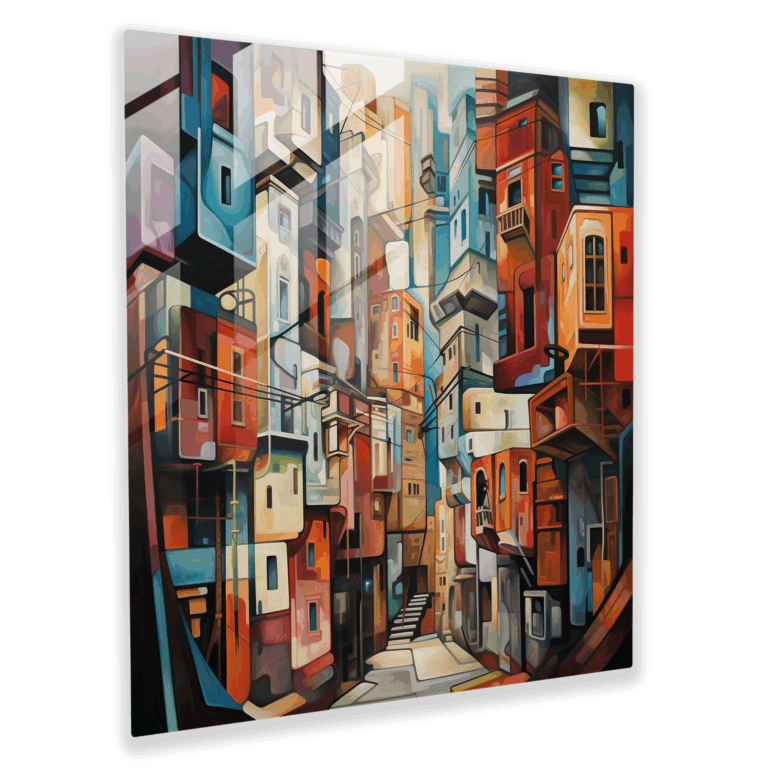 Glasbild Dynamischer Druck - Modernes kubistisches Stadtpanorama