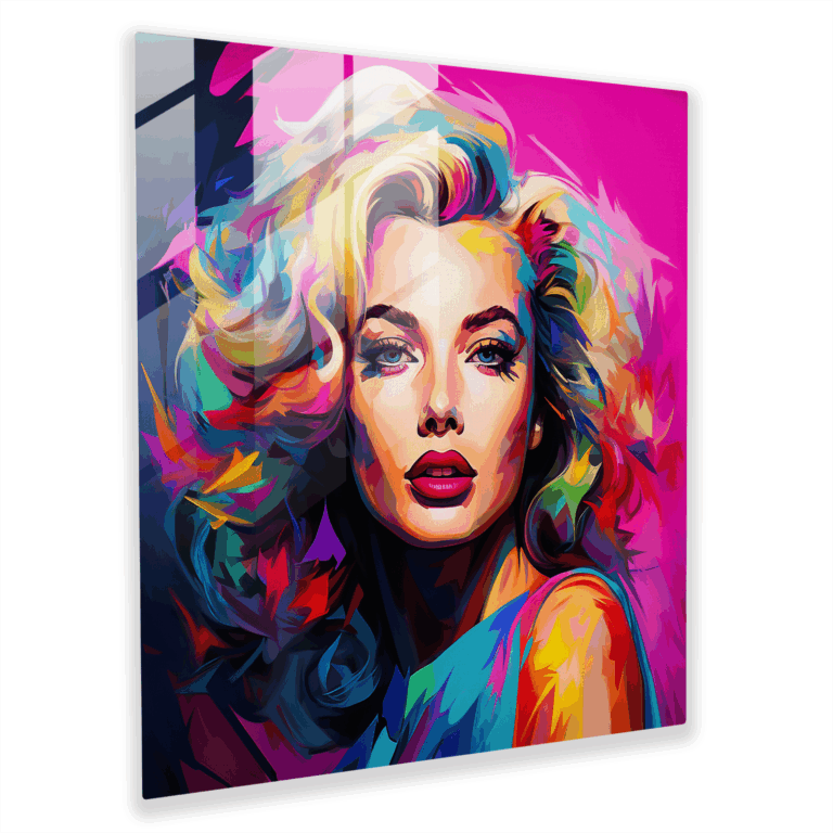 Glasbild mit ikonischem Ausdruck - Pop-Art-Porträt Glaswandkunst für die Wohnraumdekoration.