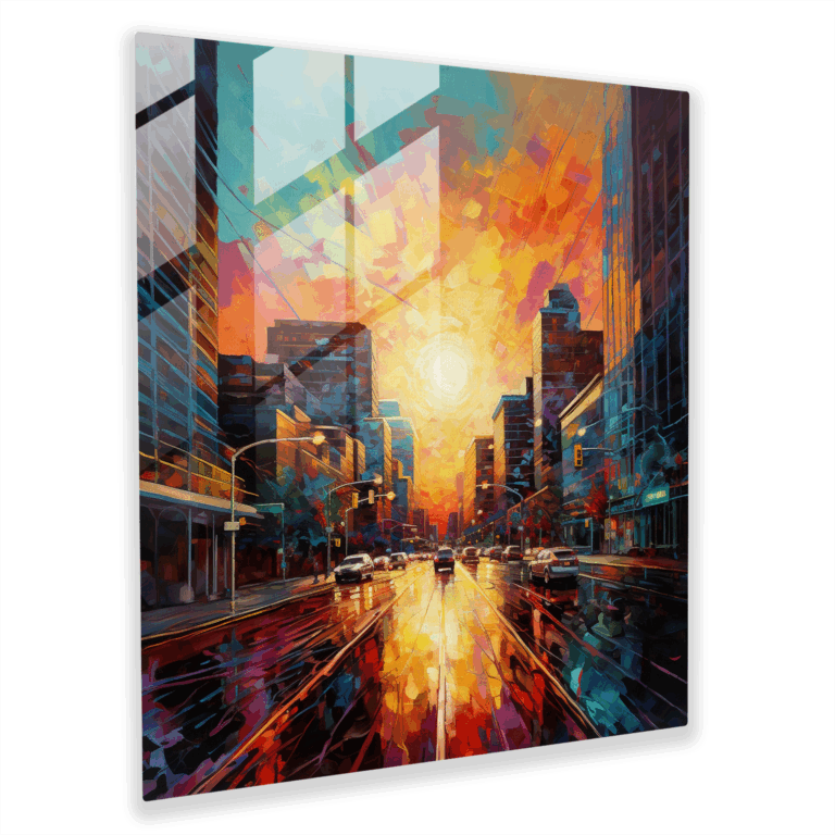 Glasbild: Abstrakte impressionistische Stadtszene bei Sonnenuntergang