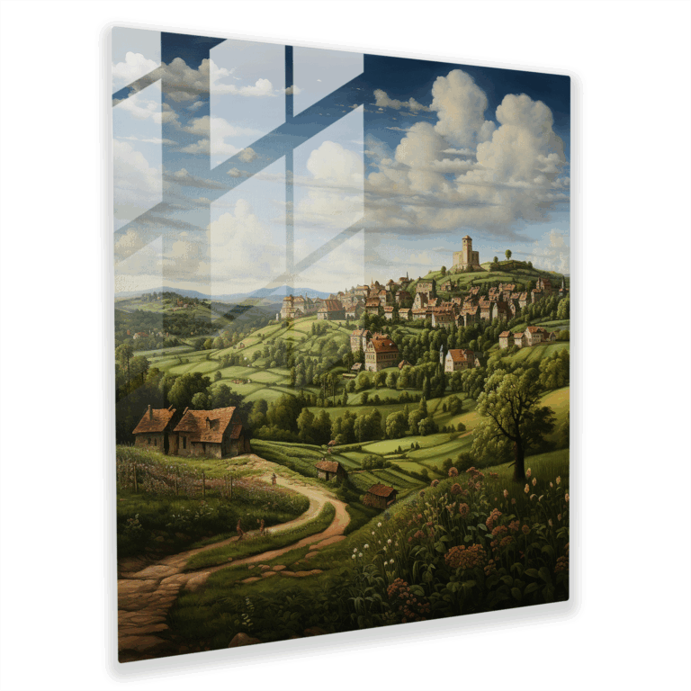 Zeitloses Glasbild: Renaissance-Ölgemälde einer ruhigen Landschaft auf dem Land