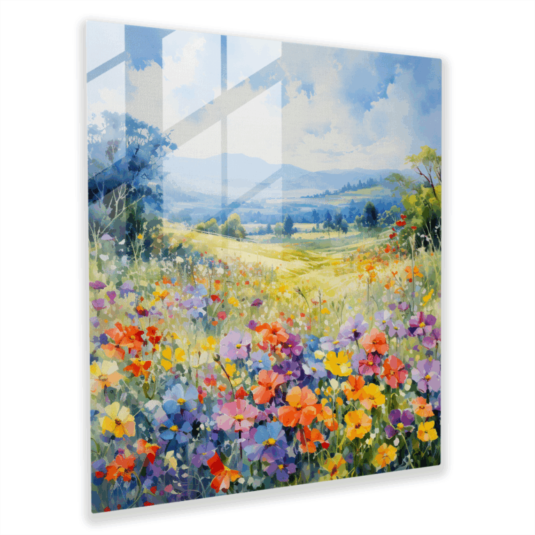 Glasbild Blütenpracht: Impressionistisches Aquarellgemälde eines lebendigen Blumenfeldes