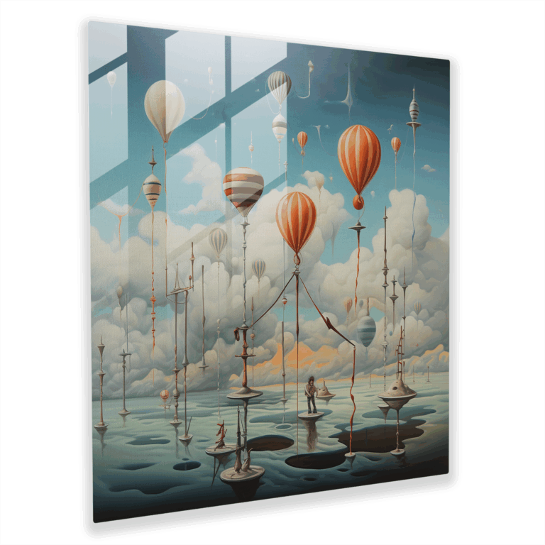 Glasbild: Surrealistisches Gemälde mit traumhaften schwebenden Objekten