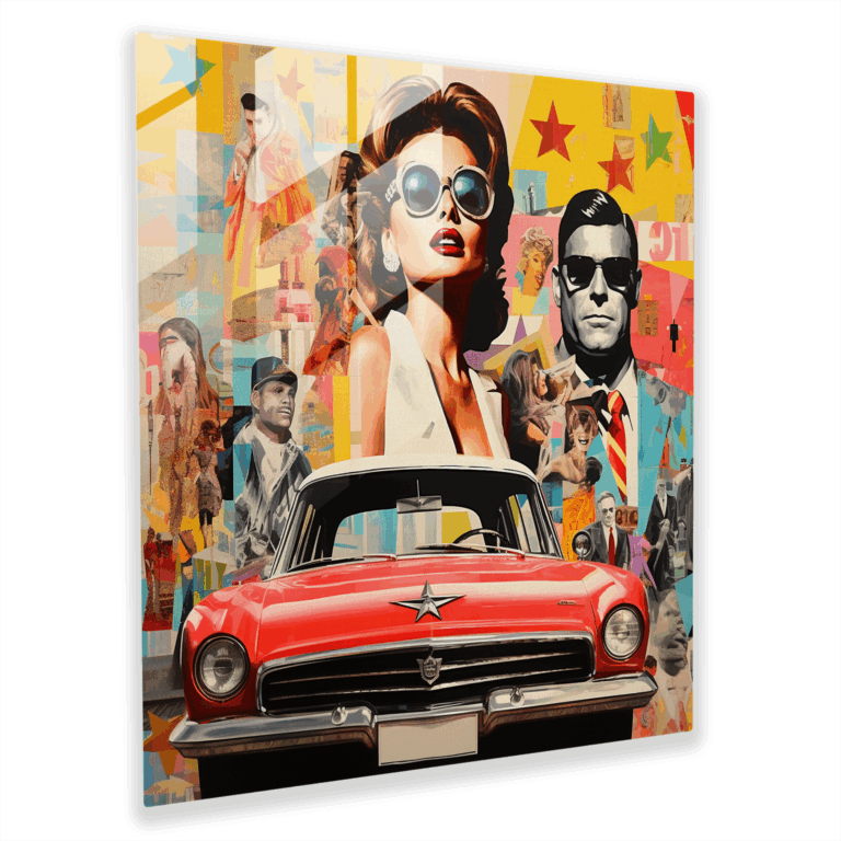Lebendiges Collage-Glasbild: Fusion aus ikonischen Personen und Symbolen