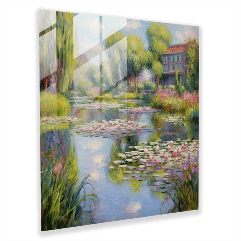 Exquisites Glasbild impressionistischer Kunst: Glaswandkunst inspiriert von Claude Monet für die Wohnraumgestaltung.