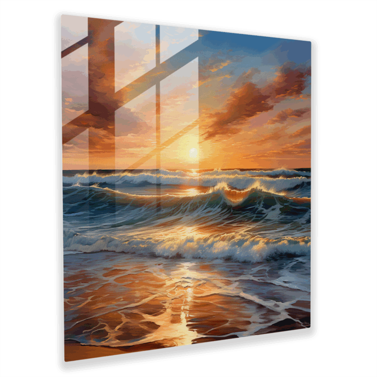 Faszinierendes Glasbild von Küstenschönheit: Sonnenuntergangsstrand Glasbild für die Wohnkultur