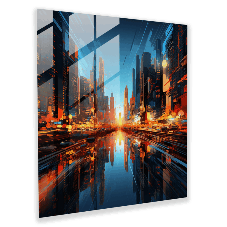 Elegantes Glasbild - Futuristische Stadtszenerie mit lebendiger und energetischer Atmosphäre - Zeitgenössische digitale Kunst als Glaswandkunst - Wohnraumdekoration und Wanddekoration - Modernes Kunstwerk