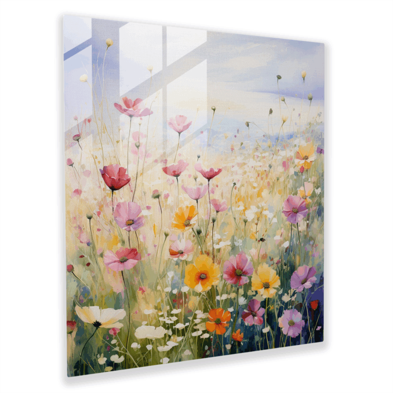 Anmutiges Glasbild - Blühendes Blumenfeld mit ruhigem und romantischem Flair - Impressionistisches Aquarell-Glasbild - Wohnkultur und Wanddekoration - Moderne Kunstwerk