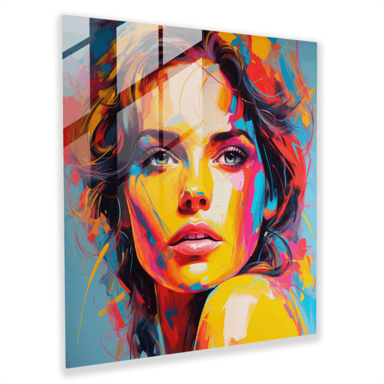 Lebhaftes Glasbild - Lebendige und bunte Figur mit kühnem und energiegeladenem Ausdruck - Pop-Art-Porträt Glaswandkunst - Wohnkultur und Wanddekoration - Modernes Kunstwerk.