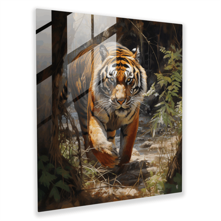 Majestätisches Glasbild - Majestätischer Tiger in seinem natürlichen Lebensraum mit intensiver und kraftvoller Präsenz - Realistisches Wildtiergemälde Glaswandkunst - Wohnkultur und Wanddekoration - Moderne Kunstwerke