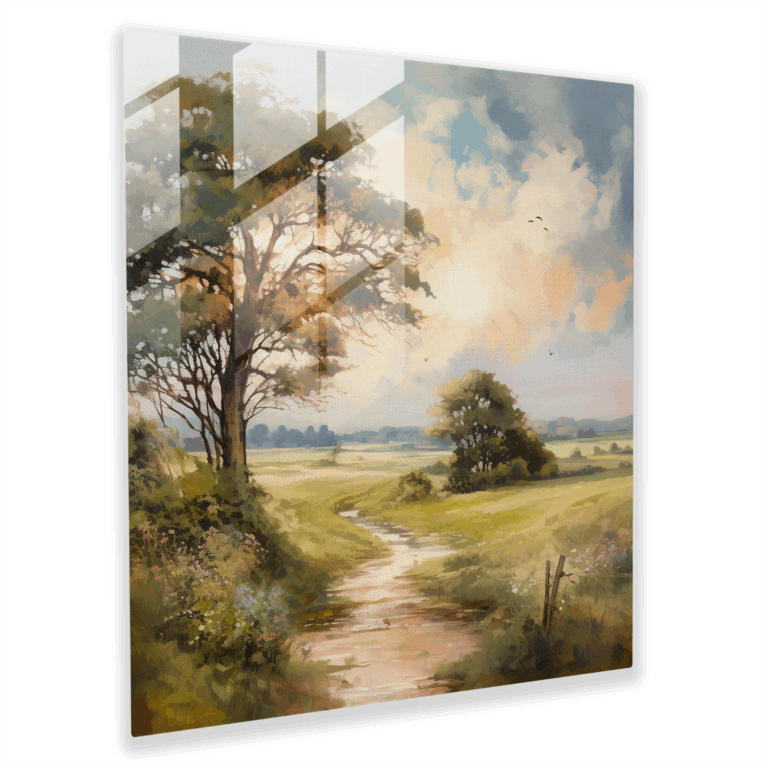 Traumhaftes Glasbild - Verträumte Landschaftsszene mit sanfter und nostalgischer Atmosphäre - Romantisches impressionistisches Landschaftsglasbild - Wohnkultur und Wanddekoration - Modernes Kunstwerk.