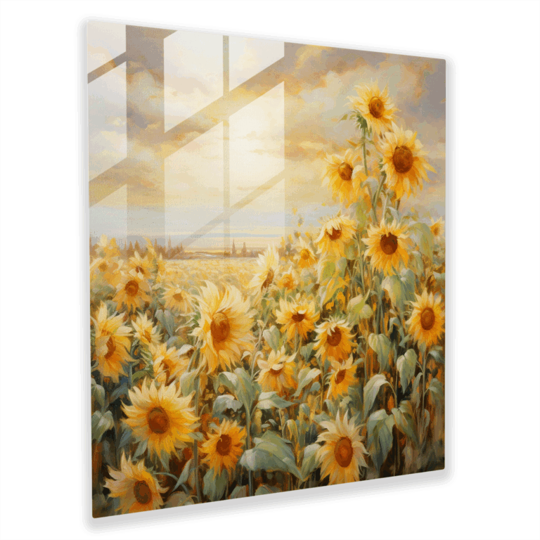 Glasbild Sonnenbeschienene Goldwiese - Impressionistisches Sonnenblumenfeld - Wanddekoration Glaswandkunst - Glasbild Glaswandkunst Wohnkultur Wanddekoration Glaskunst Moderne Kunstarbeit