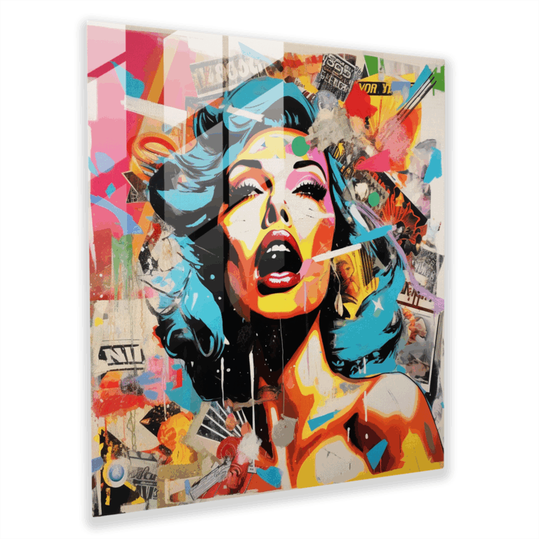 Glasbild Popkultur - Retro Collage Extravaganza - Wanddekoration Glaswandkunst - Modernes Kunstwerk