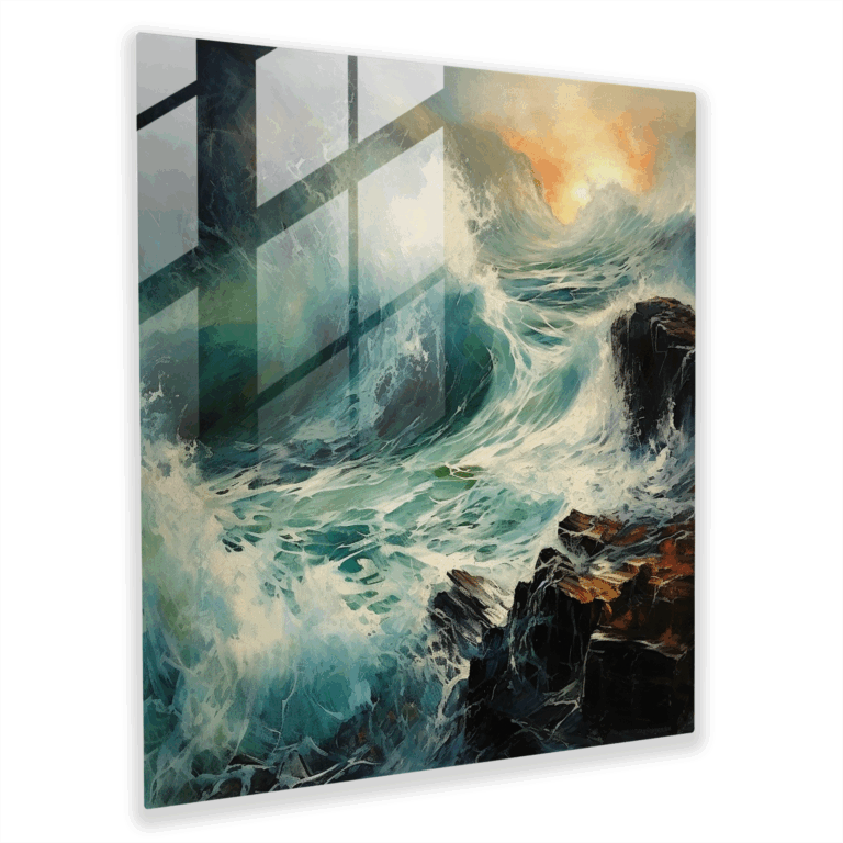 Ewiger Sturm Glasbild - Expressionistische Wellenbegegnung - Wanddekoration Glaswandkunst - Glasbild Glaswandkunst Wohnkultur Wanddekoration Glaskunst Moderne Kunstarbeit