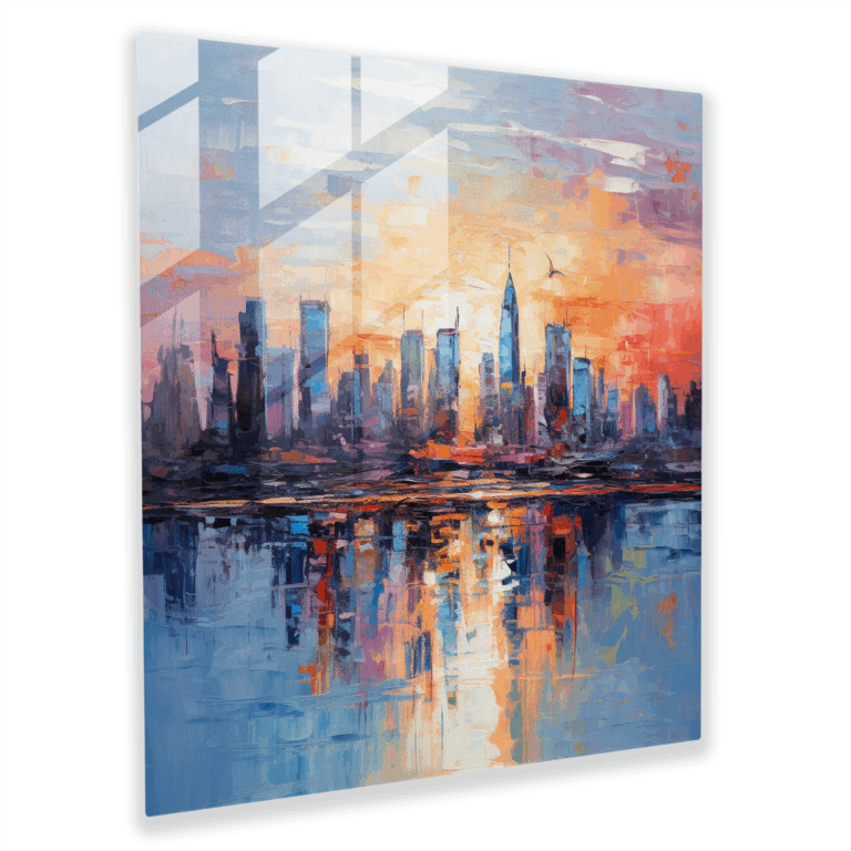 Opulente Glasdrucke - Abstrakte impressionistische Stadtsilhouette bei Sonnenuntergang Glaswandkunst