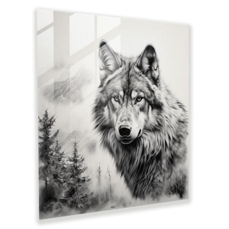 Glasbild mit realistischem Kohle-Wildtierporträt: Wildnis-Glasbilder