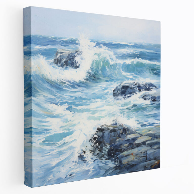 Impressionistisches Wandkunstwerk in Marineblau - Meereslandschaft Wellen Felsen Impressionistisch Leinwandbild in Marineblau