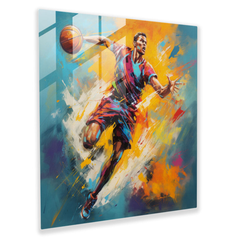 Glasbild - Bunter abstrakter Basketballspieler - NBA abstrakte Malerei Glaswandkunst Basketballspieler