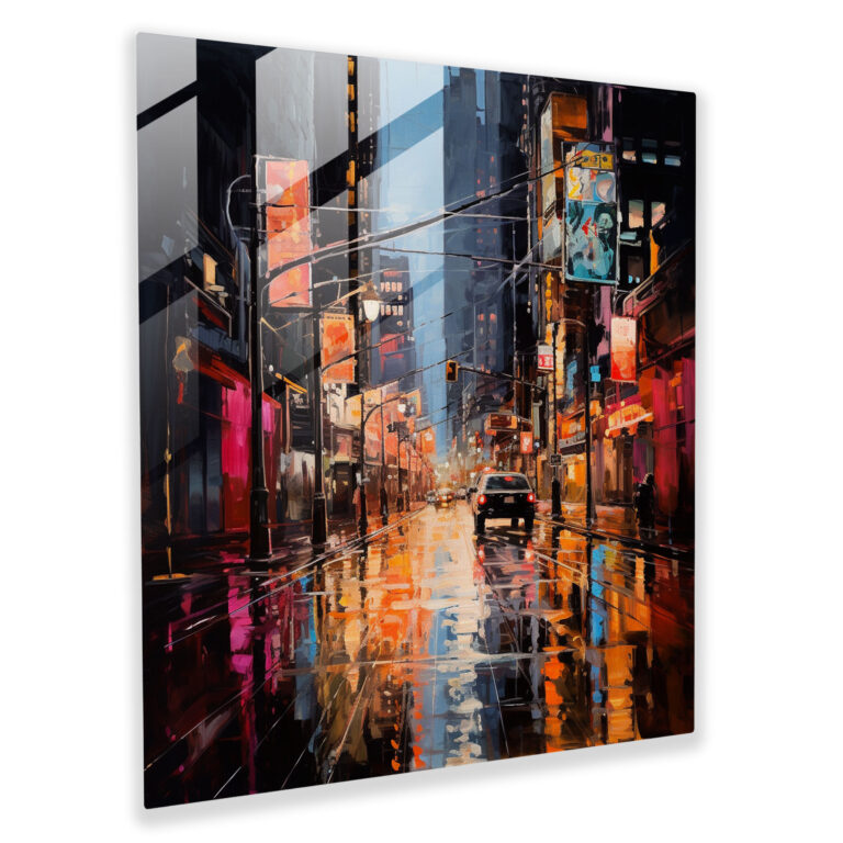 Glasbild Nighthawks - Abstrakte Neon-Stadtszene - Zuhause Dekoration Wanddekoration Glaswandkunst