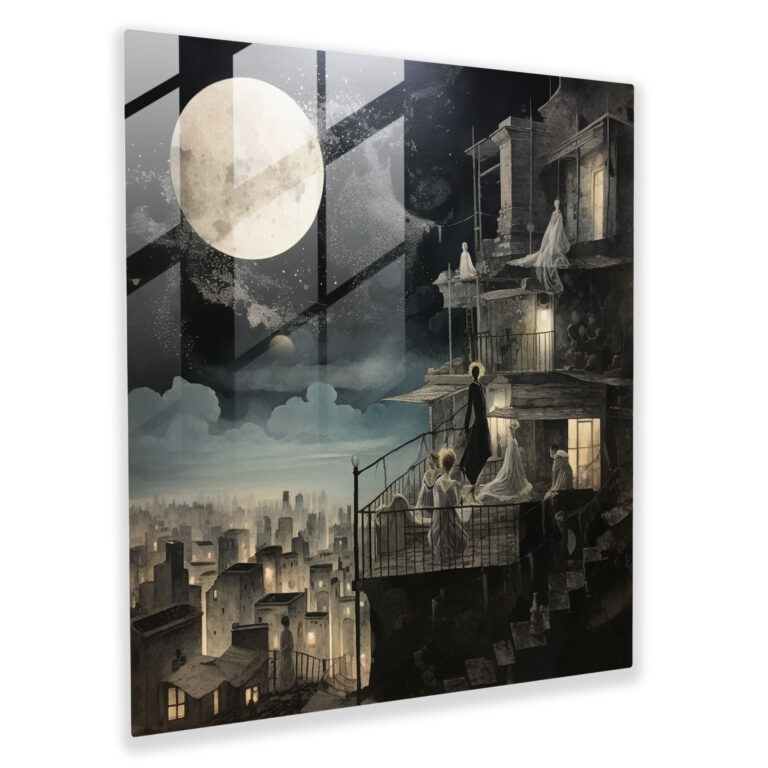 Nighthawks Glasbild - Mondbeleuchtetes Dach Surrealismus - Wanddekoration Glaswandkunst