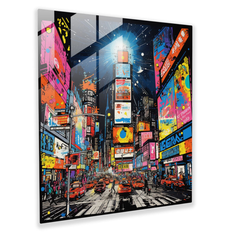 Glasbild Nighthawks - Neon City Square Pop Art - Moderne Stadtplatz Wanddekoration