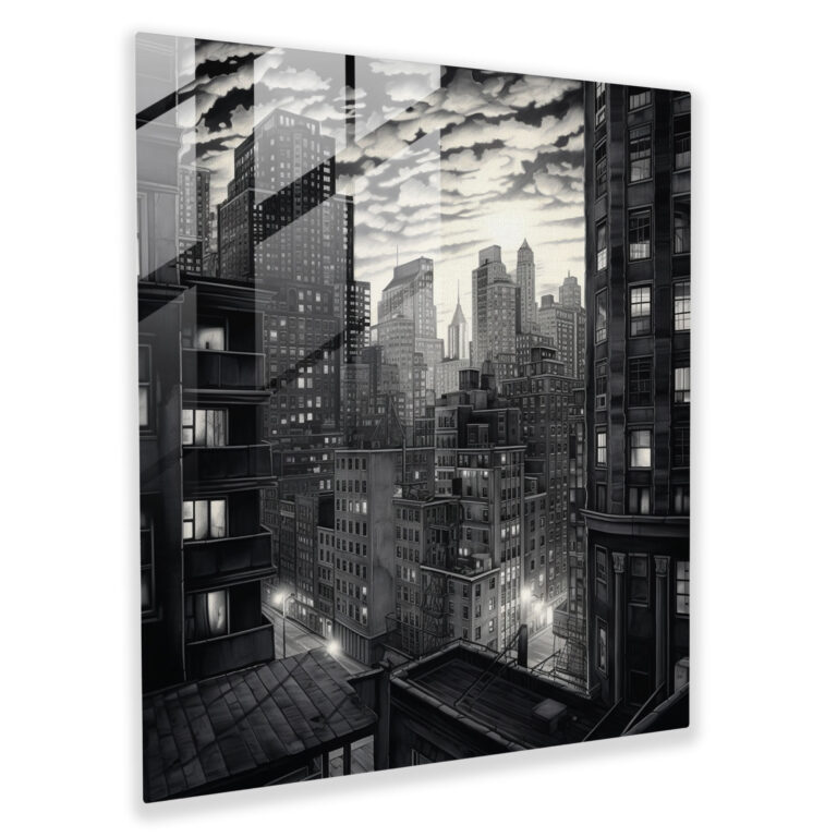 Nighthawks Stadt Skyline Glasbild - Nighthawks Schatten Stadt Skyline Glas Kunst