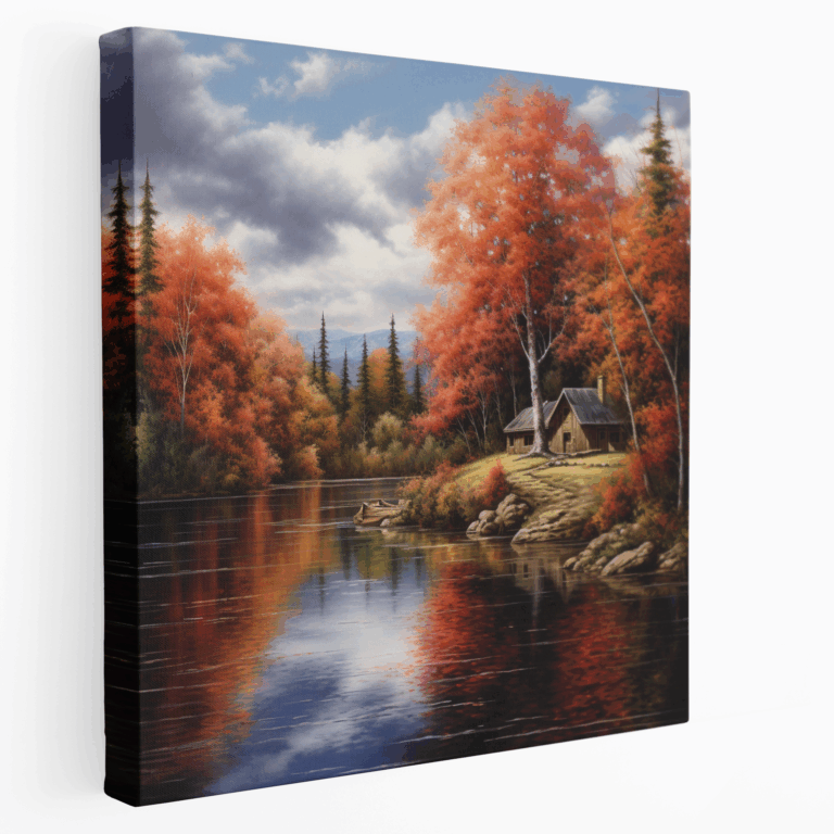 Herbstlicher Seeufer Leinwandbild in realistischer Darstellung