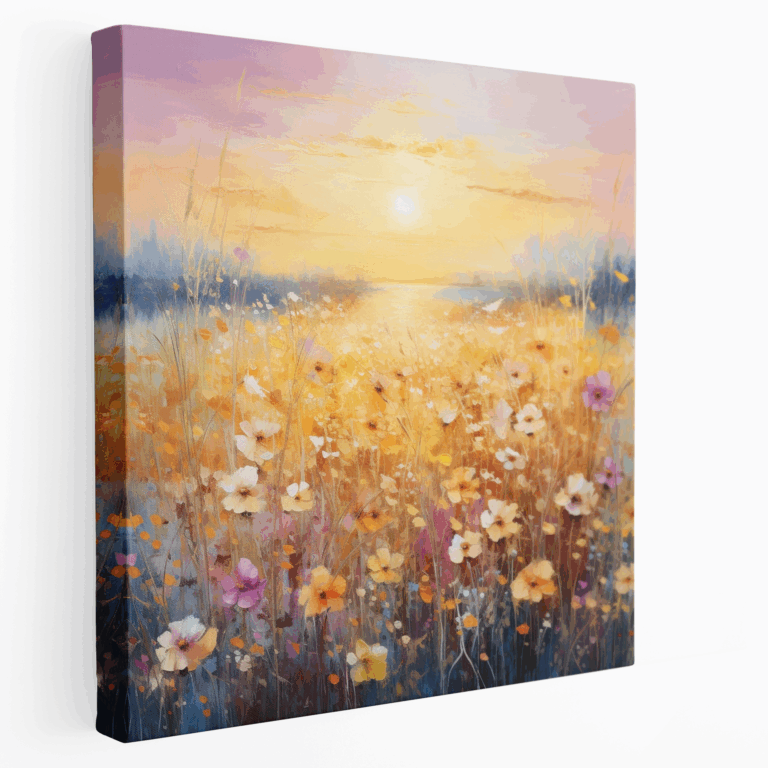 Romantisches Sonnenuntergangs Blumenfeld Leinwandbild