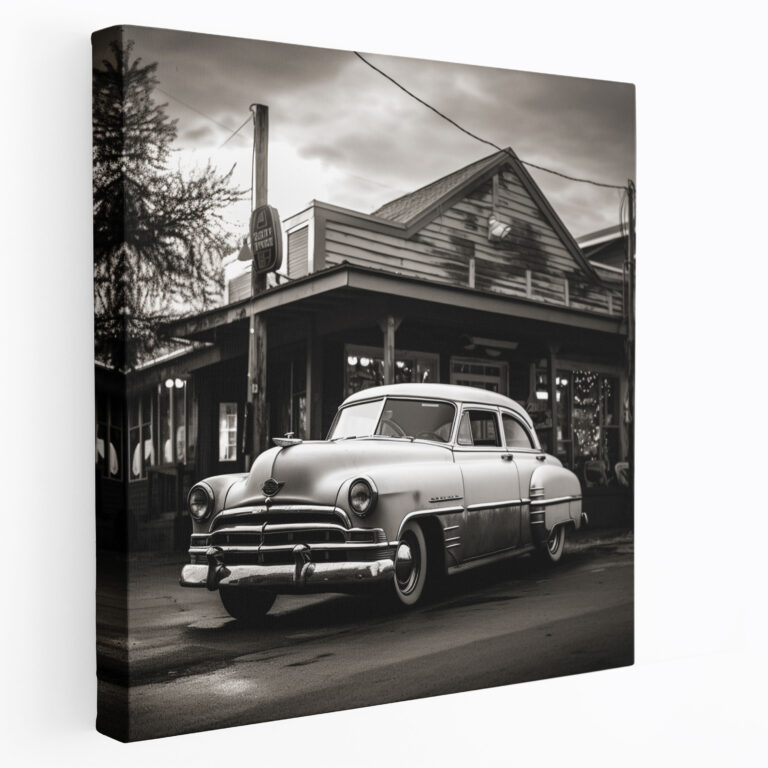 Nostalgie Leinwandbild - Klassisches Auto vor altem Diner - Vergangenheit Dekoration für die Wand