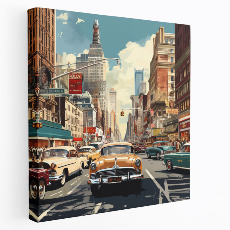 Leinwandbild im Vintage-Postkarten-Design - lebendige Stadtszene - Nostalgie Wanddekoration Vintage Leinwandkunst