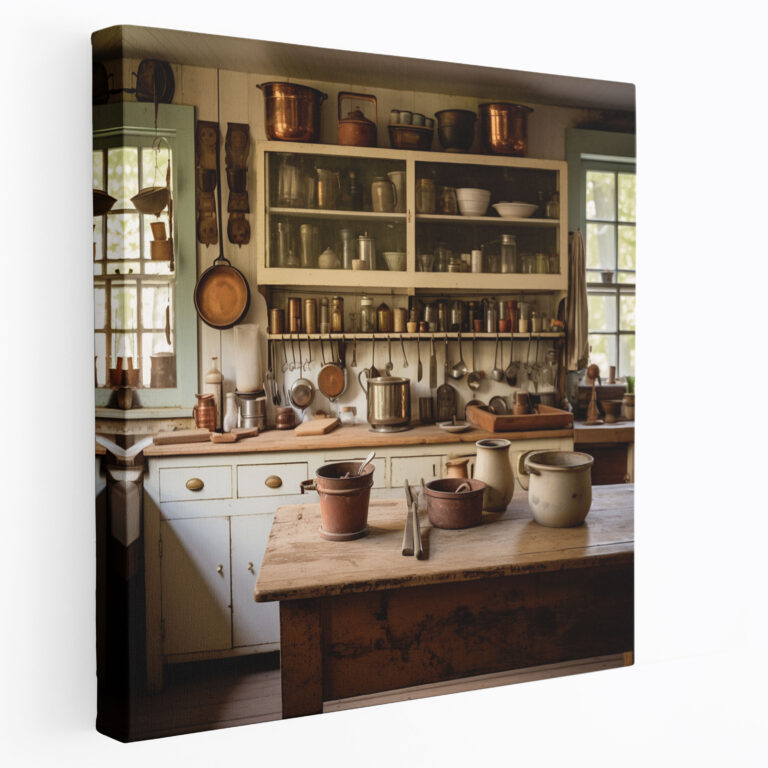 Nostalgie Leinwandbild - Ländliche Bauernhausküche - Abgenutzte Kochbücher