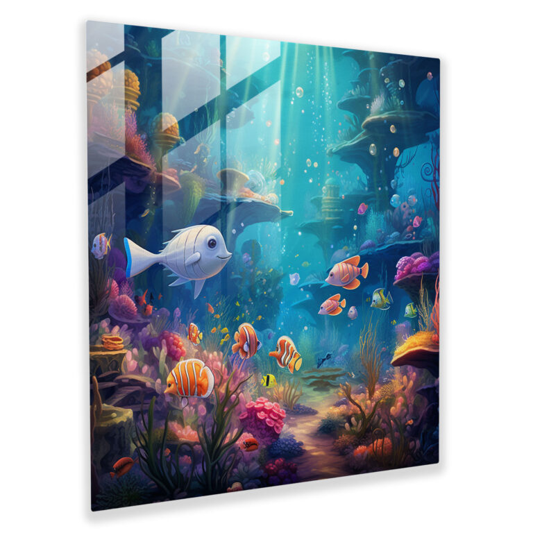 Glasbild Unterwasser-Kinderzimmer - Kinderzimmer schimmerndes Wasser Unterwasser-Design buntes Meeresleben