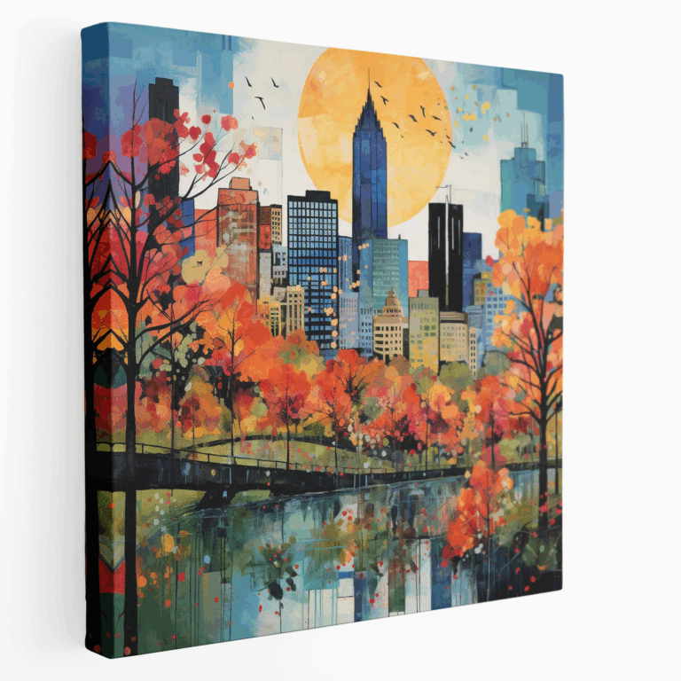 Leinwandbild: Stadtsilhouette mit Herbstlaub