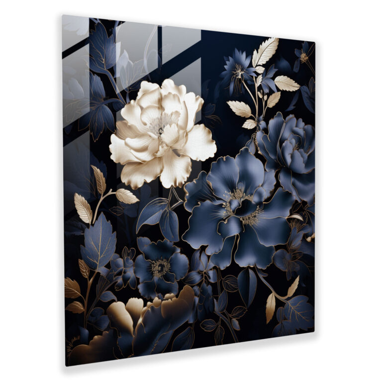 Blumiges Glasbild in Marineblau - Marineblau Wanddekoration Glasbild Glaswandkunst