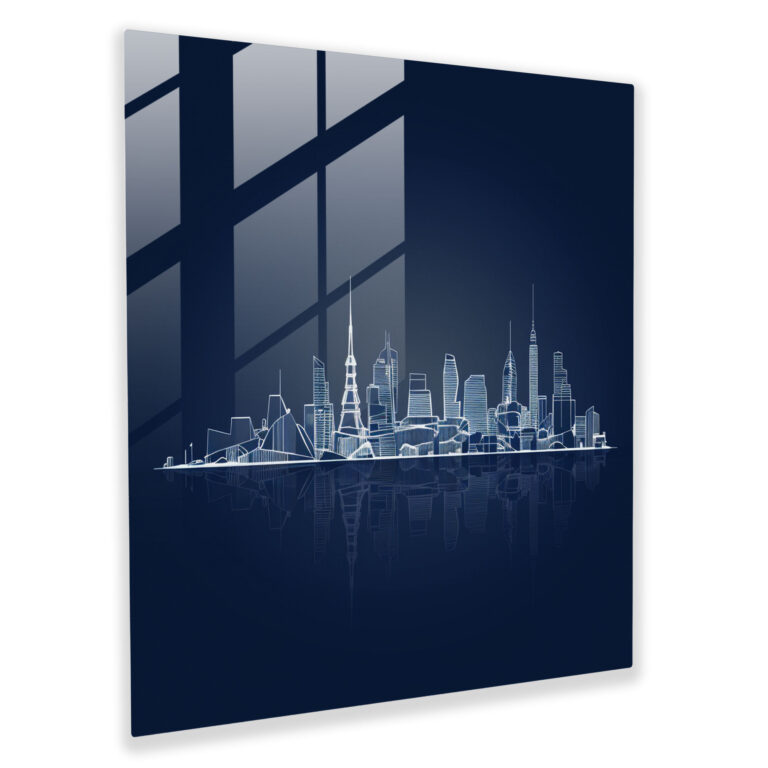 Navy Blue Glasbild mit Stadtwahrzeichen - Minimalistische Silhouette in Navy Blue